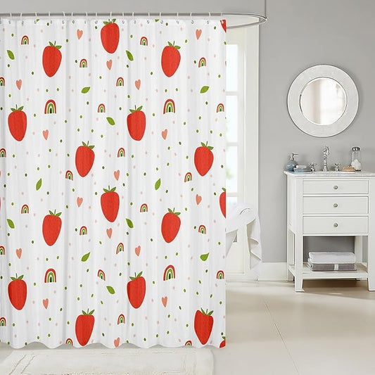 Feelyou Strawberry Shower Curtain Fruits Fabric Shower Curtain for Kids Boys Girls Rainbow Green and Pink Dots Bathroom Waterproof Accessories with 12 Hooks White and Red Curtains,72X78 Inches