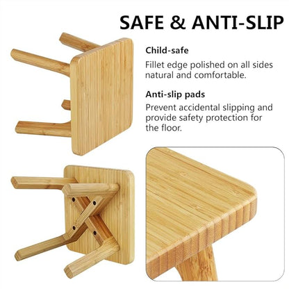 Bamboo Wood Step Stool - Foot Stool - Small Adults Kids Step Stools Anti-slip Sturdy Durable Kitchen Bathroom Bedroom Steps for High Beds Holds Up to 350lbs (Medium Square)