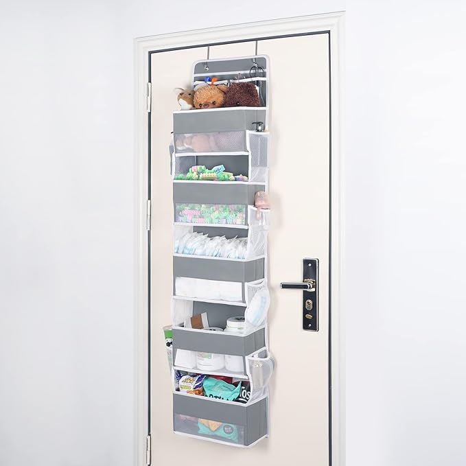 Univivi Over Door Hanging Organizer Storage with 5 Large Pockets and 2 Small PVC Pockets for Cosmetics Wall Hanging Storage Organizer for Pantry Baby Nursery Bathroom Closet Dorm(Grey)