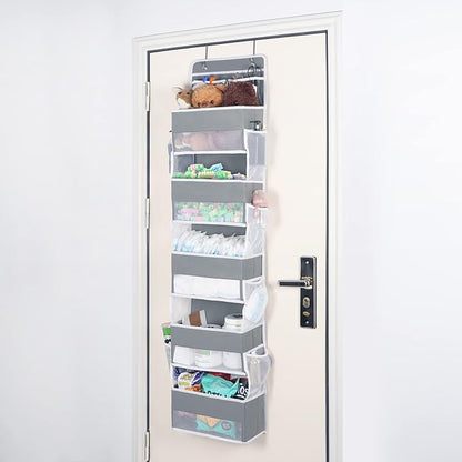 Univivi Over Door Hanging Organizer Storage with 5 Large Pockets and 2 Small PVC Pockets for Cosmetics Wall Hanging Storage Organizer for Pantry Baby Nursery Bathroom Closet Dorm(Grey)