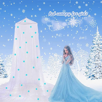 Eimilaly Princess Bed Canopy Glow in The Dark, Christmas Snowflakes Bed Canopy for Girls Room Decor, Encrypted Fabric, White