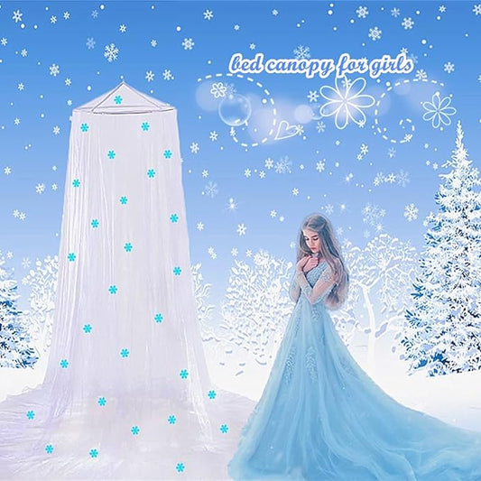 Eimilaly Princess Bed Canopy Glow in The Dark, Christmas Snowflakes Bed Canopy for Girls Room Decor, Encrypted Fabric, White