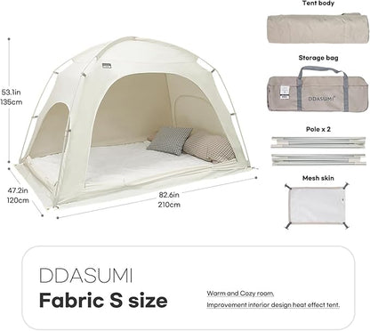Fabric Indoor Bed Tent, Privacy Play Tent on Bed for Warm and Cozy Dream Sleep Tent, Floorless Type Tent.Cotton Feeling Tent,S-PE Pole, Washable Tents (Ivory, Twin)