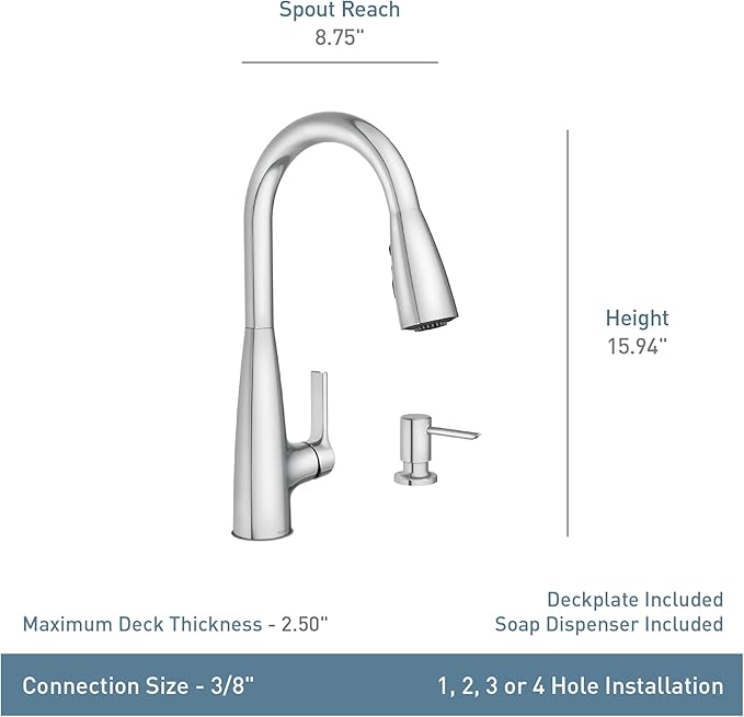 Moen Haelyn Chrome Single-Handle Pull-Down Sprayer Kitchen Faucet Featuring Power Boost for a Faster Clean, Soap Dispenser Included, 87627