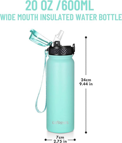 GOPPUS 20 oz Kids Water Bottle with Straw Wide Mouth Lid Leak Proof Double Walled Insulated Stainless Steel Water Bottles with Strap Handle Cup Stickers for Boys Girls School (Green 1 Lid)