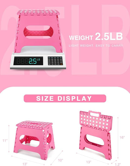 Folding Step Stool 11", Durable Kids Step Stool, Heavy Duty Step Stools for Adults, Compact Foot Stools, Light-Weight Toddler Step Stool for Kitchen, Bathroom, Holds Up to 300 lbs (Pink)