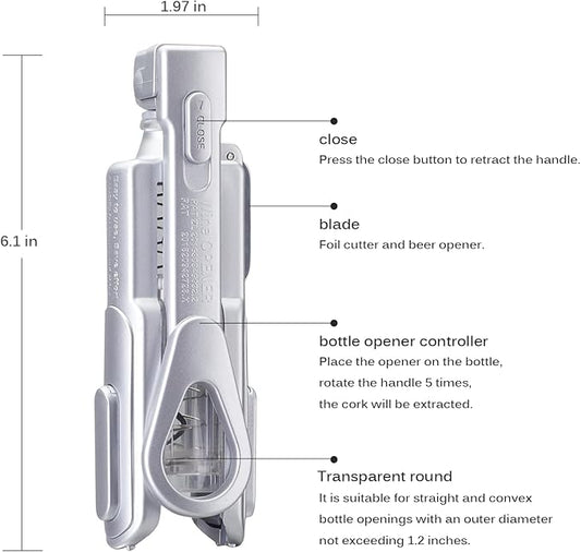 Wine Opener, Wine Corkscrew With Foil Cutter, 6 Inches, Easy To Use And Lightweight Wine Bottle Opener, Silver
