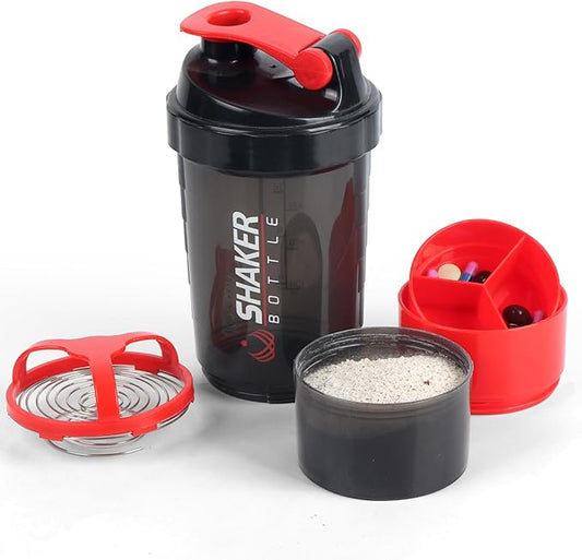 Shaker Bottle,16oz Protein Shaker Bottles with Mixing Ball, 3 in 1 Leak-proof GYM Shake Cup with Powder Storage & Pill Tray, Ideal for Workout,BPA Free（Red）