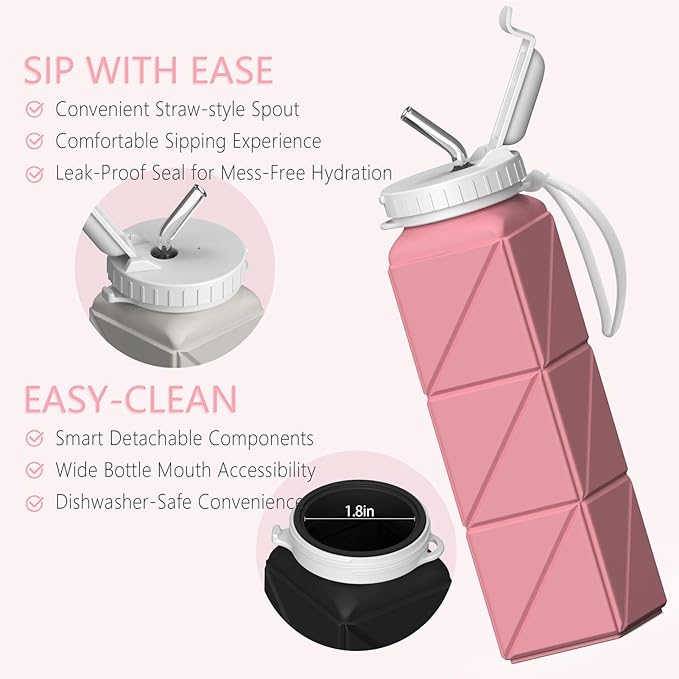 Collapsible Water Bottles, Silicone Foldable Portable Water Bottle 610ml, Lightweight Reusable Leakproof for Travel Camping Hiking Cycling Yoga Sports Outdoor