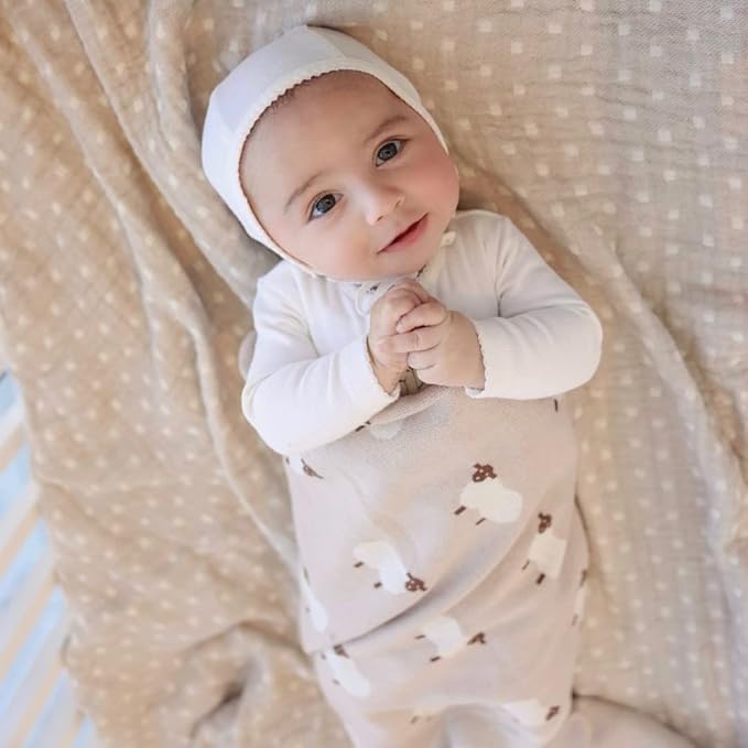Baby Swaddle Blanket - 100% Luxury Cotton Knit Soft Cozy Lightweight Unisex Receiving Crib Stroller Quilt Blanket for Shower Gift Registry for Newborns Infants Toddlers (Sheep - Khaki)