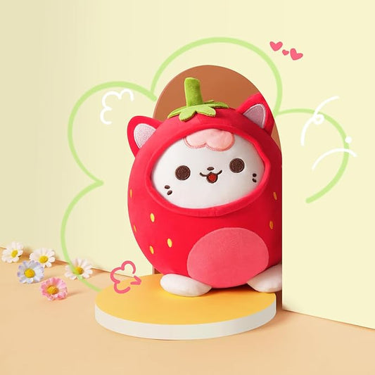 PEACH CAT Strawberry Cat Plush Pillow Cute Strawberry Kitten Stuffed Animal Cat plushie with Strawberry Outerwear for Kids Red 12"