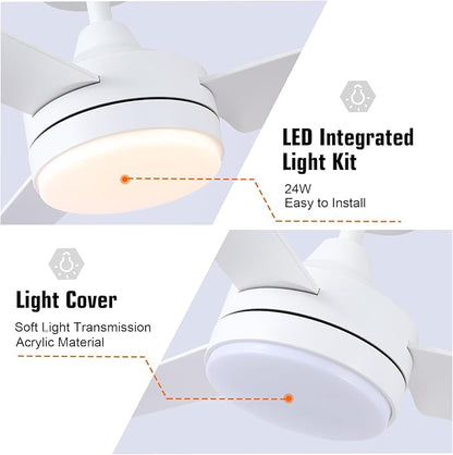 White Ceiling Fans with Lights,Modern 52-Inch Ceiling Fans DC Motor, Remote Control, 6-Speed Adjustable, Dimmable - Ideal for Living Room, Bedroom, Dining Room