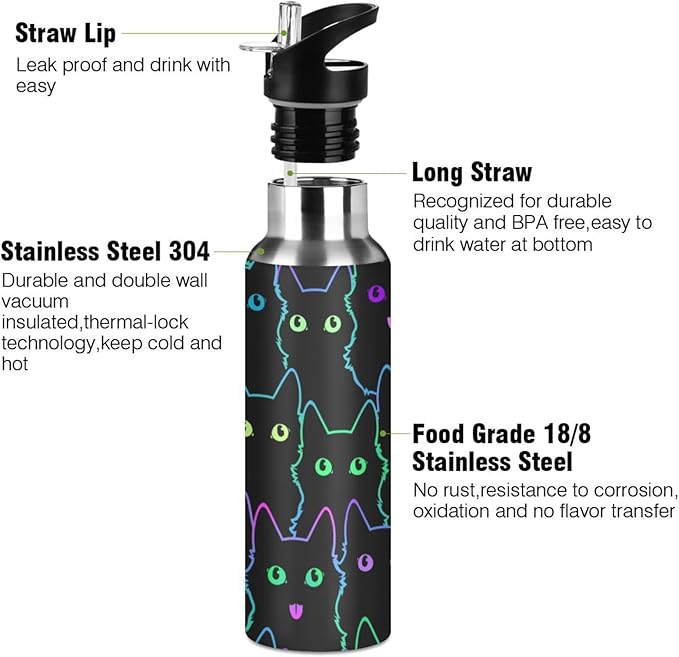 senya 20 Oz Water Bottle with Straw Colorful Neon Cat Stainless Steel Water Bottle for Traveling Sports Leakproof Insulated Water Bottle