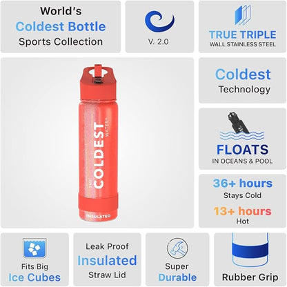 Coldest Sports Water Bottle with Straw Lid Vacuum Insulated Stainless Steel Metal Thermos Bottles Leak Proof Flask for Sports (24 oz, Mars Red Glitter)