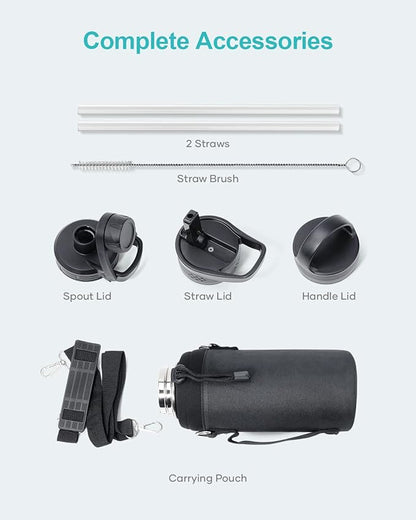 BUZIO Water Bottle with Straw lid, Spout Lid, Hand Lid and Carrying Pouch, 32oz 40oz 64oz Stainless Steel Water Flask Jug, Cold for 48 Hrs Hot for 24 Hrs Double Vacuum Thermo Canteen Mug, BPA-Free
