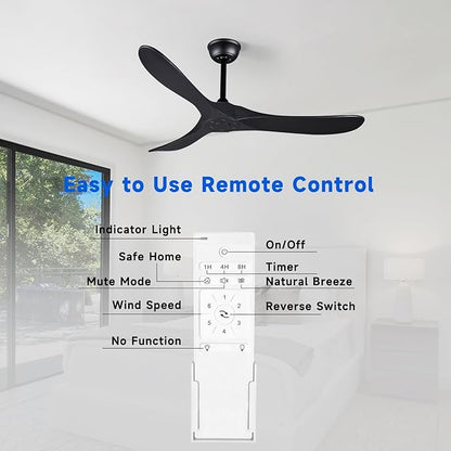 Bigzone 52" Outdoor/Indoor Black Ceiling Fans Without Lights with Remote Control, Energy Efficient DC Motor 27W, Smart Ceiling Fan With Reversible Blades
