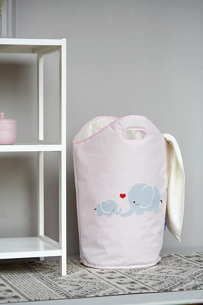 WENKO Kids Laundry Hamper, Baby Hamper for Nursery, Baby Basket for Dirty Clothes, Elephant Nursery Hamper, Toy Basket with Handles, Pink Laundry Bin, 15.7 x 20.5 x 7.9 inch