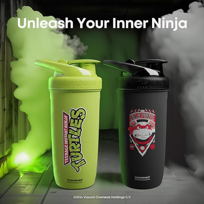 Smartshake TMNT Ninja Power Reforce Stainless Steel Protein Shaker Bottle 900 ml | 30 oz - Leakproof Screw-on Lid - BPA Free – Unisex - Non Insulated - Black