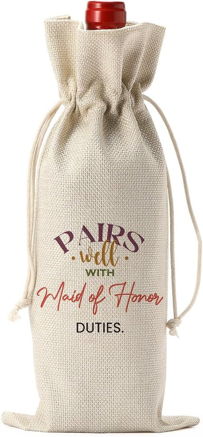Maid of Honor Bridesmaid Proposal Gifts, Maid of Honor Bridesmaid Wine Bag, Wedding Engagement Gift for Maid of Honor Bridesmaid Wine Bottle Bag, Pairs Well with Maid of Honor Duties Wine Bags