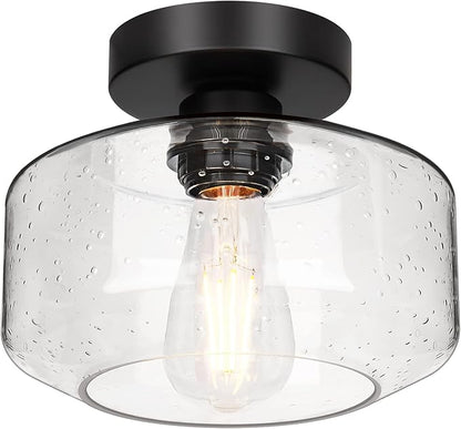 Industrial Semi Flush Mount Ceiling Light, 800 Lumen LED Bulb Included, Seeded Glass Shade Farmhouse Light Fixture for Hallway Corridor Kitchen Bathroom Bedroom Passway