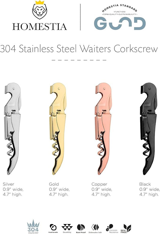 Homestia Waiters Corkscrew 3-in-1 Star Pattern 304 Stainless Steel Double Hinged Wine Key with Foil Cutter and Pullscrew Bottle Opener for Beer and Wine (Rose Gold)