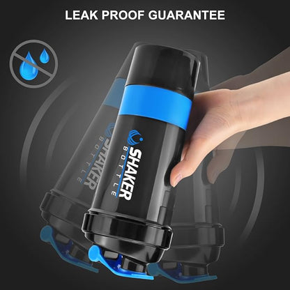 Protein Shaker Bottle - Sports Water Bottle - Non Slip 3 Layer Twist Off 3oz Cups with Pill Tray - Leak Proof Shake Bottle Mixer- Protein Powder 22 oz Shake Cup with Storage