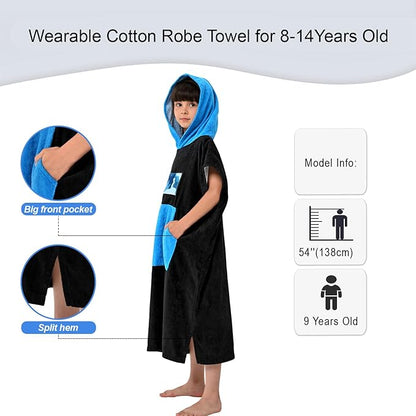 VOOVA & MOVAS Black Changing Robe for Teens,8-14Years，Thick 100% Cotton, Absorbent Hooded Towels for Girls｜Boys,Surf Poncho for Pool, Beach, Bath,Swim