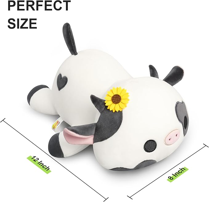 Onsoyours Cute Cow Plushie with Sunflower Headwear, Soft Stuffed Milk Cow Squishy Plush Animal Toy Flower Cow Pillow for Kids (Sunflower Cow, 12")