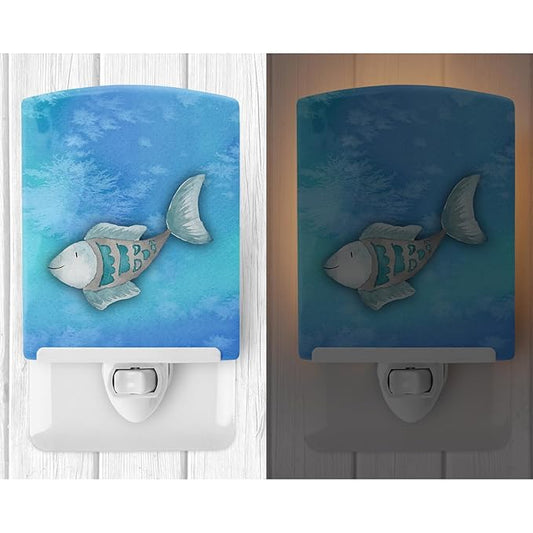 Caroline's Treasures BB7386CNL Blue Fish Watercolor Ceramic Night Light Compact, UL-Certified, Ideal for Bedroom, Bathroom, Nursery, Hallway, Kitchen, 6x4x3, Multicolor