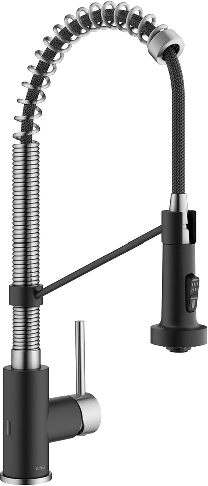 KRAUS Bolden Touchless Sensor Commercial Style 2-Function Single Handle Pull-Down Kitchen Faucet in Spot-Free Stainless Steel / Matte Black, KSF-1610SFSMB