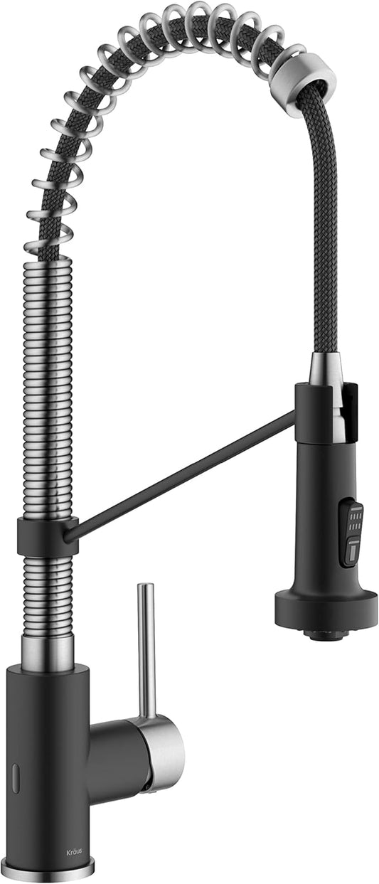 KRAUS Bolden Touchless Sensor Commercial Style 2-Function Single Handle Pull-Down Kitchen Faucet in Spot-Free Stainless Steel / Matte Black, KSF-1610SFSMB