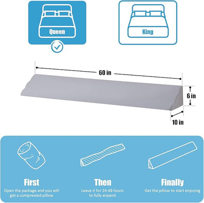 Queen Bed Wedge Pillow for Headboard, Foam Pillow Wedge for Headboard Gap, Mattress Bed Gap Filler Queen, Triangle Pillow Wedge, Anti-slip Bed Crack Pillow Space Filler Queen (60"×10"×6") Grey