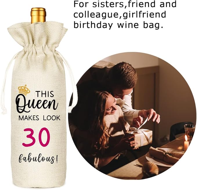 30th Birthday Wine Bag, Presents for 30st Birthday Girl, 30 Years Old Gift Idea Wine Bag for Her Girl Friend, Sister, Birthday Party Decorations, Linen Drawstring Wine Bags (30th Birthday)