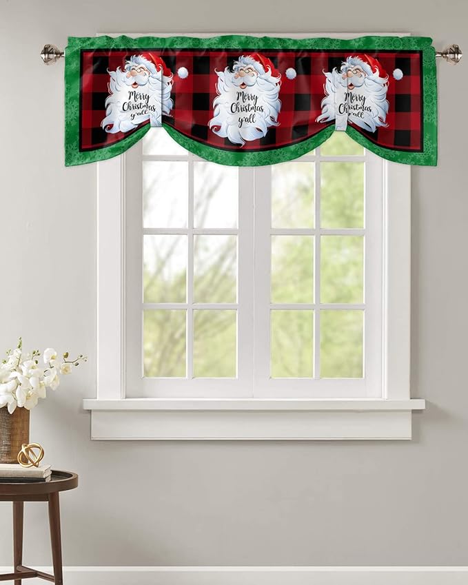 Merry Christmas Y'all Blackout Tie Up Valance Curtains for Kitchen Windows Xmas Santa Claus Window Toppers Balloon Shades for Living Room/Bathroom/Bedroom,1 Panel,42" X 12" Red Buffalo Plaid