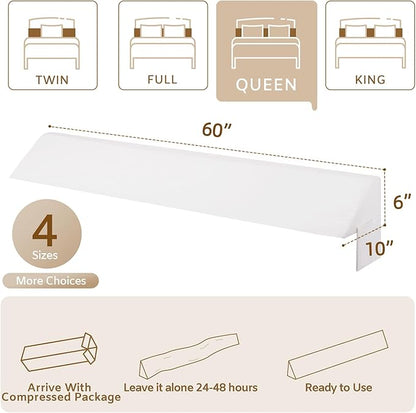 Queen Bed Wedge Pillow for Headboard, Foam Headboard Pillow, Bed Gap Filler, Mattress Wedge, Mattress Gap Filler Queen - Fill The Gap (0-7") Between Headboard and Mattress (White, 60"x10"x6")