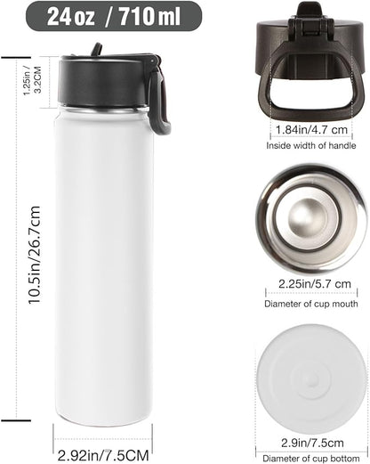 Volhoply 24oz Insulated Water Bottle With Straw Bulk 3 Pack,Metal Wide Mouth Water Bottles With Handle Lid Keep Cold,Reusable Double Wall Thermos,Powder Coated Sport Bottle For Holder(White,3 Count)