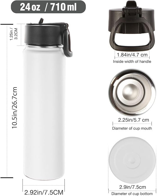 Volhoply 24oz Insulated Water Bottle With Straw Bulk 3 Pack,Metal Wide Mouth Water Bottles With Handle Lid Keep Cold,Reusable Double Wall Thermos,Powder Coated Sport Bottle For Holder(White,3 Count)
