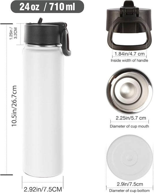 Volhoply 24oz Insulated Water Bottle With Straw Bulk 8 Pack,Metal Wide Mouth Water Bottles With Handle Lid Keep Cold,Reusable Double Wall Thermos,Powder Coated Sport Bottle For Holder(White,8 Count)