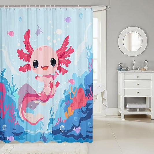 Feelyou Boys Girls Cute Axolotl Bath Curtain Ocean Sealife Shower Curtain Kids Cartoon Salamander Bathroom Shower Curtain Set Kawaii Teens Bathroom Accessories Room Decor 72"x78"