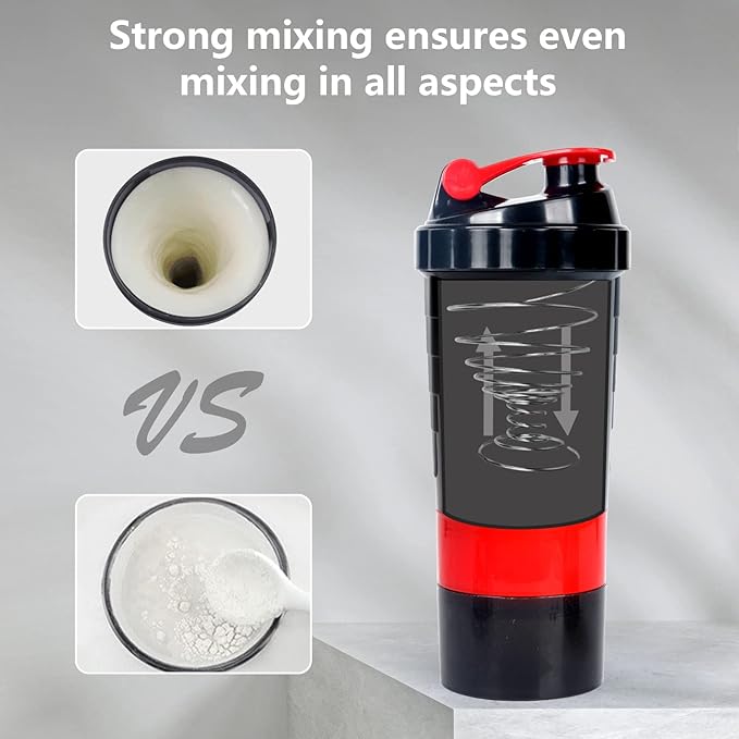 Shaker Bottle,16oz Protein Shaker Bottles with Mixing Ball, 3 in 1 Leak-proof GYM Shake Cup with Powder Storage & Pill Tray, Ideal for Workout,BPA Free（Red）
