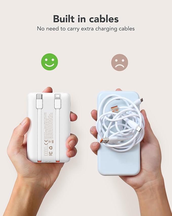 Mini Portable Charger for iPhone - 10000mAh Small PD 22.5W Fast Charging Power Bank with Built-in Cables - Travel Essentials USB C Slim Battery Pack Compatible with iPhone, Android, and More…