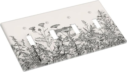 Vintage Grey Floral Herbs Wild Flowers Botanical Quad Toggle Boho Light Switch Covers Decorative Country Unique 4 Gang Wall Plate Electrical Faceplate Switchplate for Bedroom Decor