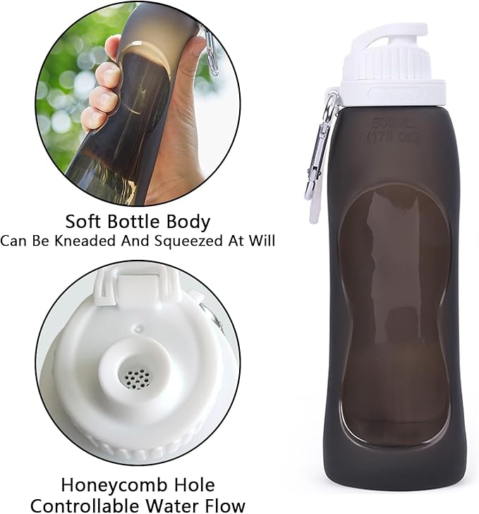 Wesoke Sport Collapsible Water Bottles Black, 500 ml/17oz Foldable Travel Water Bottle Cup, Lightweight Food Grade Silicone Reusable Leakproof Water Bottles with Carabiner for Gym Running Cycling