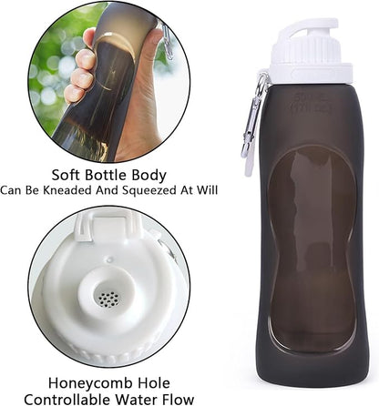 Wesoke Sport Collapsible Water Bottles Black, 500 ml/17oz Foldable Travel Water Bottle Cup, Lightweight Food Grade Silicone Reusable Leakproof Water Bottles with Carabiner for Gym Running Cycling