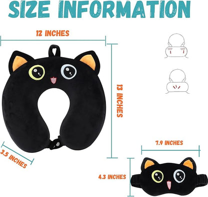 Kids Neck Pillow for Travel with Sleep Eye Mask, Cute Travel Neck Pillow, Memory Foam Cartoon Flight Sleeping Headrest Pillow for Boys & Girls, Airplane, Train, Car, Home Use - Smart Black Cat