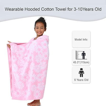 Hooded Bath Towels for Kids (3-10Years) - Soft, Absorbent Turkish Cotton Thick Pool Towels with Hood for Toddler,Perfect for Bath | Beach | Pool | Swim, Jacquard, Pink with White Daisys Theme