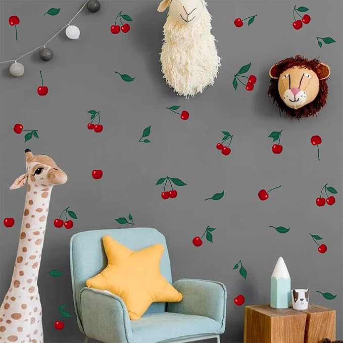 Cherry Wall Decal Fruit Wall Decals Peel and Stick Kitchen Wall Decals Cherries Green Leaf Wall Stickers Cherry Fruit Wall Stickers for Living Room Bedroom Nursery Decor