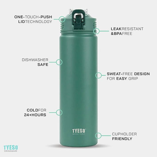 TYESO Water Bottle with Carrying Handle Lid | Insulated Stainless Steel Thermos | Travel Water Bottles for Gym & Sports | Leak Proof & BPA Free | All Day Collection | 25oz (Sky Blue)