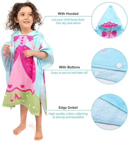 Hooded Bath Towels for Girls Kids Toddlers Children 2 to 6 Years Old Cotton Ultra Soft Absorbent Poncho Beach Towel for Pool Swim Pink Large Size 24"x 47" in Full-Length (Lovely Princess