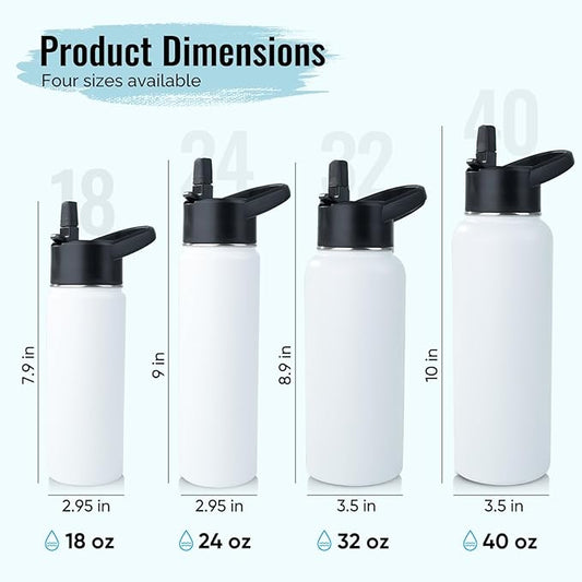 Stainless Steel Water bottle with Straw & Wide Mouth Lid, Wide Rotating Handle, 40oz Double Wall Vacuum Insulated Water Bottle Leak Proof, BPA Free, Keep Cold and Hot, 40oz, White